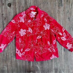 JM Collection Red and White Floral 100% Linen Jacket